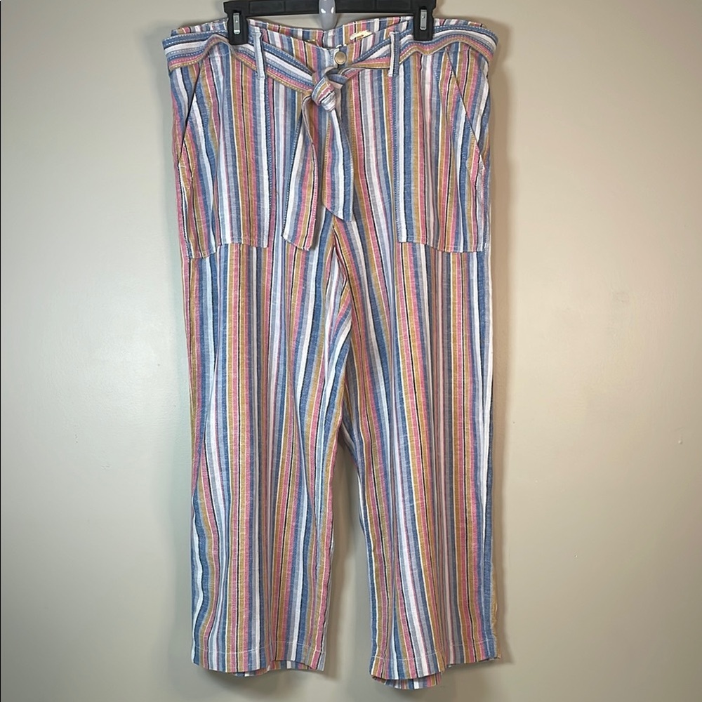 SEVEN‎ 7 Sz 12 Multicolored Striped Belted Wide Legged Cropped Linen Blend Pants